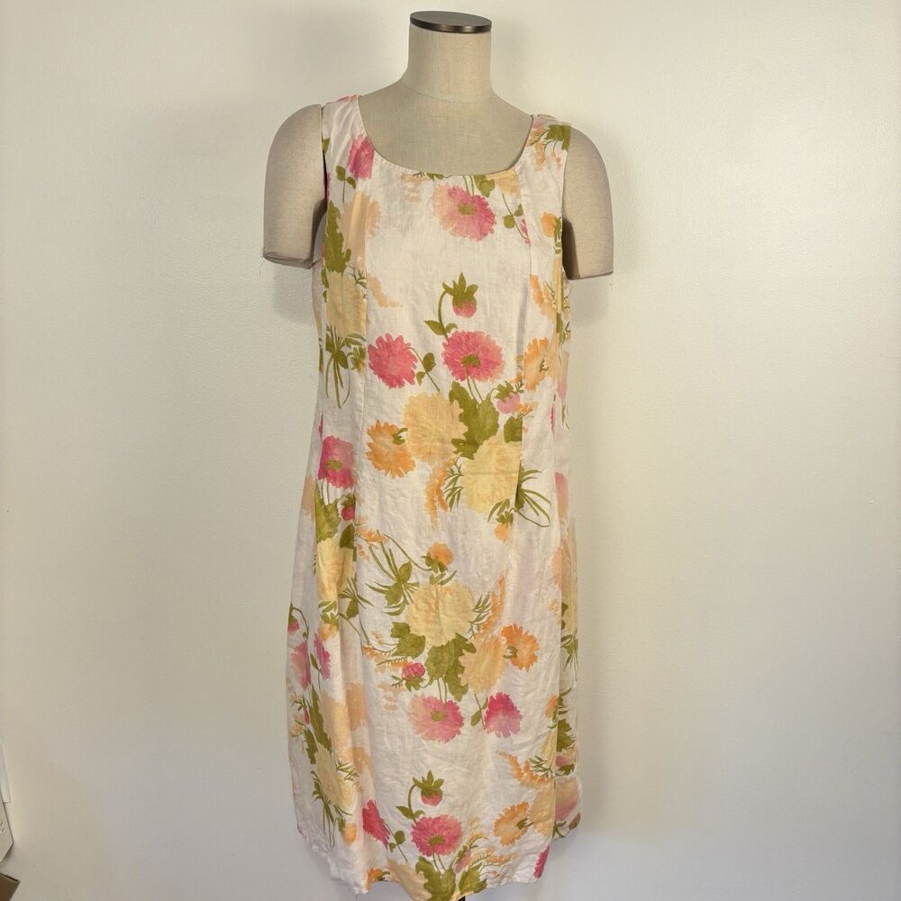 J.Jill Women's 100% Linen Floral Shift Dress Size 14 Pink Orange Watercolor Midi - Picture 2 of 8
